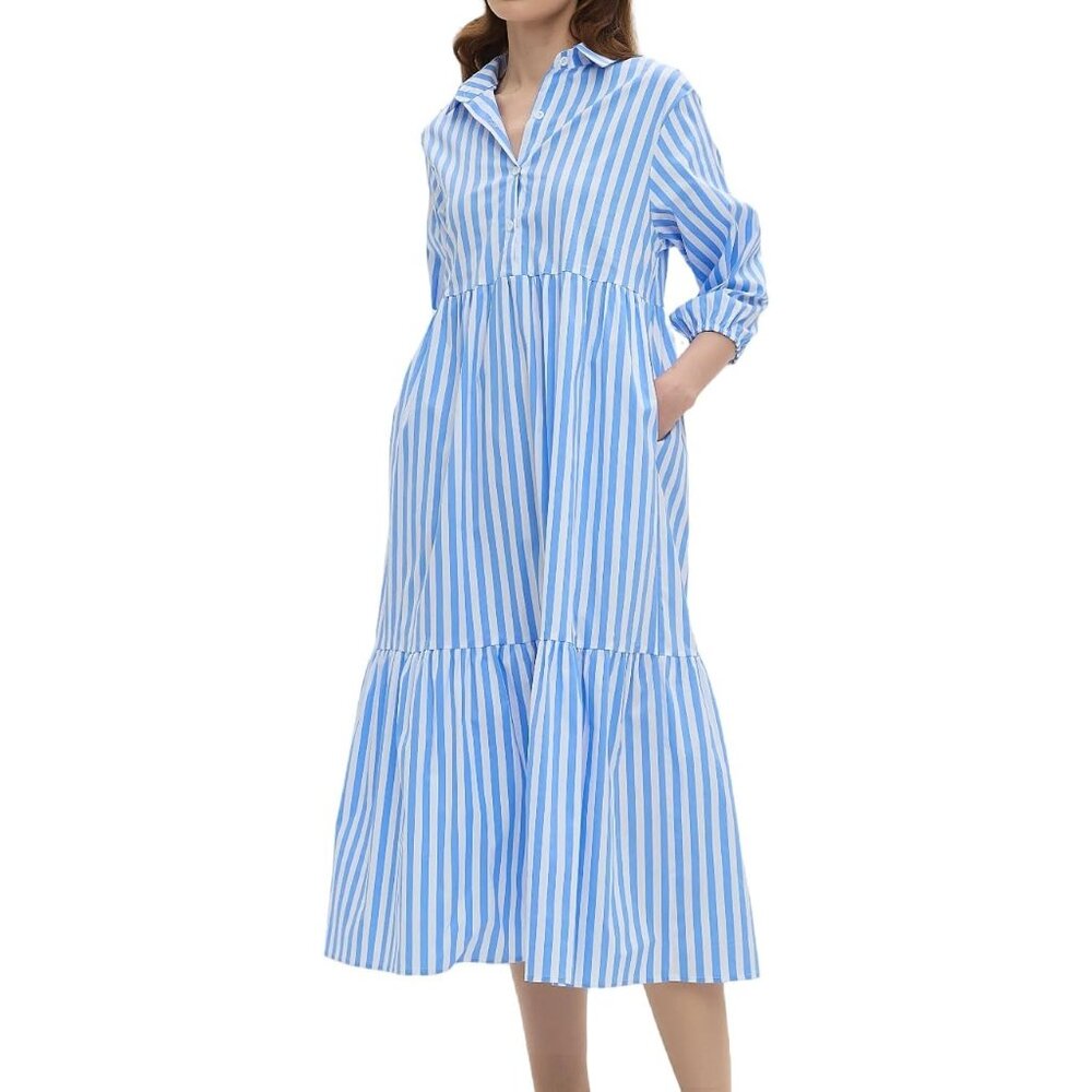 Women’s Striped Babydoll Shirt Dress Cotton Blend Midi Casual Vacation